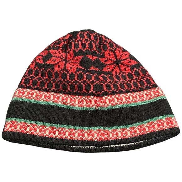 Vintage 100% Wool Ski Hat Hand Crafted STOWE Black Red White Green OS Unisex - Picture 2 of 5